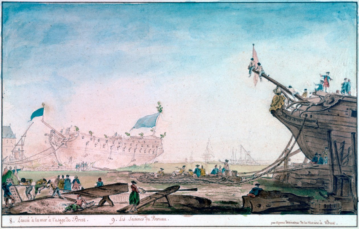 ブレストでの船の進水、c1750-1810 作： ニコラス・マリー・オザンヌ