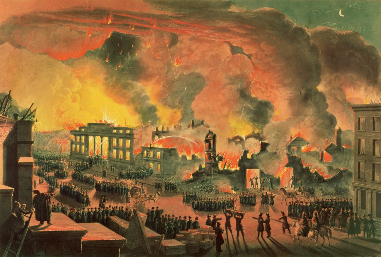 ウィリアムジェームズベネット（1787-1844）によって刻まれた1835年12月16日から17日までのニューヨークの大火の様子（カラー彫刻） 作： ニコリーノ・カリョ