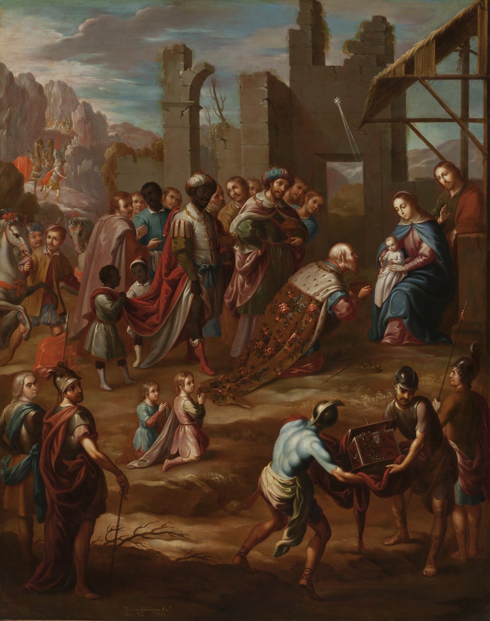 ラ・コンキスタ公爵の総督ペドロ・デ・カストロ・イ・フィゲロアと王たちの礼拝（1741（oil on coppe）、ラ・コンキスタ公爵ペドロ・デ・カストロ・イ・フィゲロアの公爵とラ・コンキスタの公爵） 作： ニコラス・エンリケス