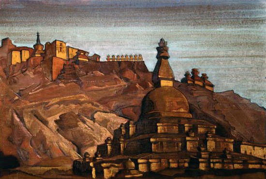 チベットの風景、1920年頃（段ボールのテンペラ） 作： ニコライ・コンスタンティノヴィッチ・リリッチ