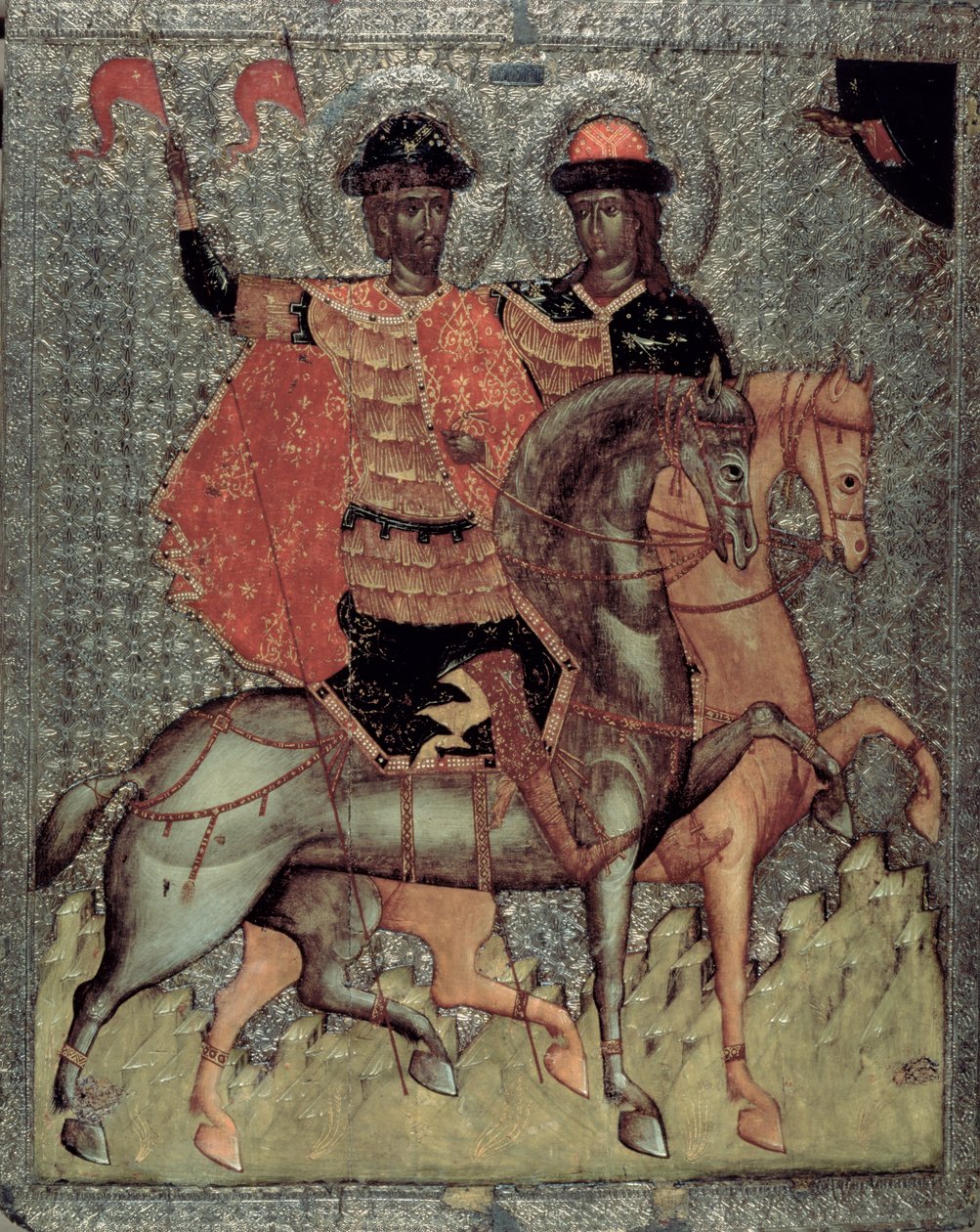 マウントされたセントボリスとセントグレブ、c.1377（パネル上のテンペラ） 作： ノヴゴロド学校