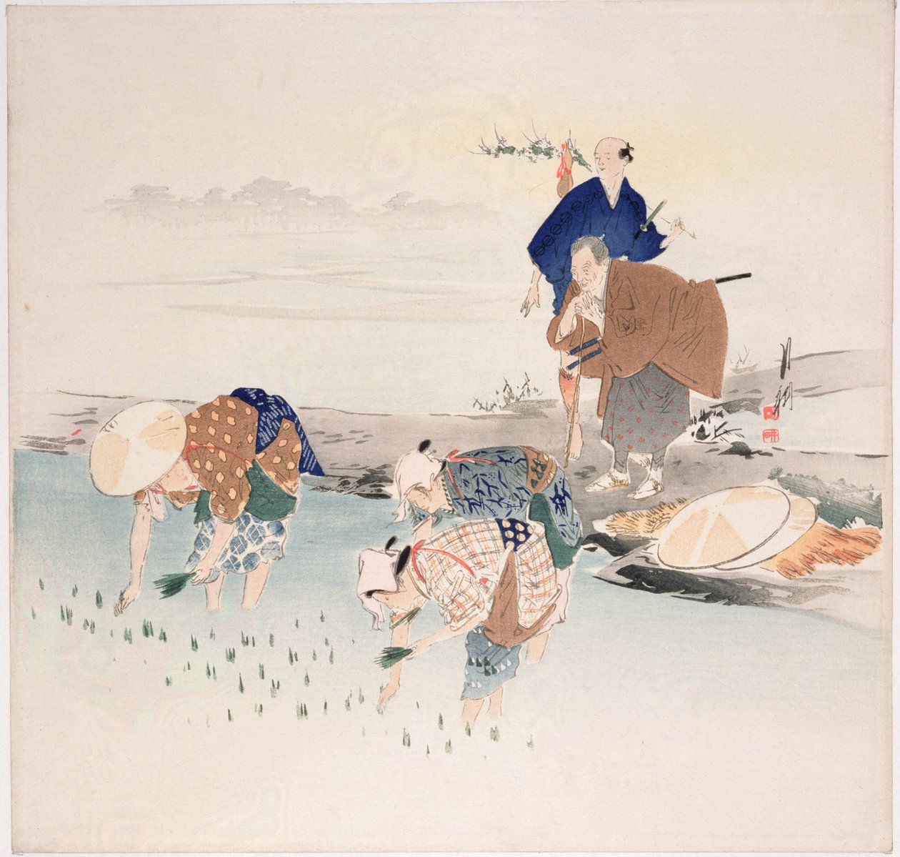 田植え、1890年代〜1900年代（色木版画） 作： 尾形月光