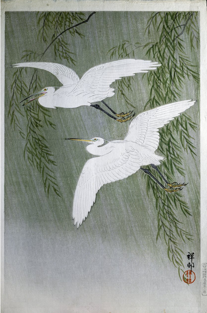 2羽のサギFlying Free、1907年（色の木版画） 作： 大原光子