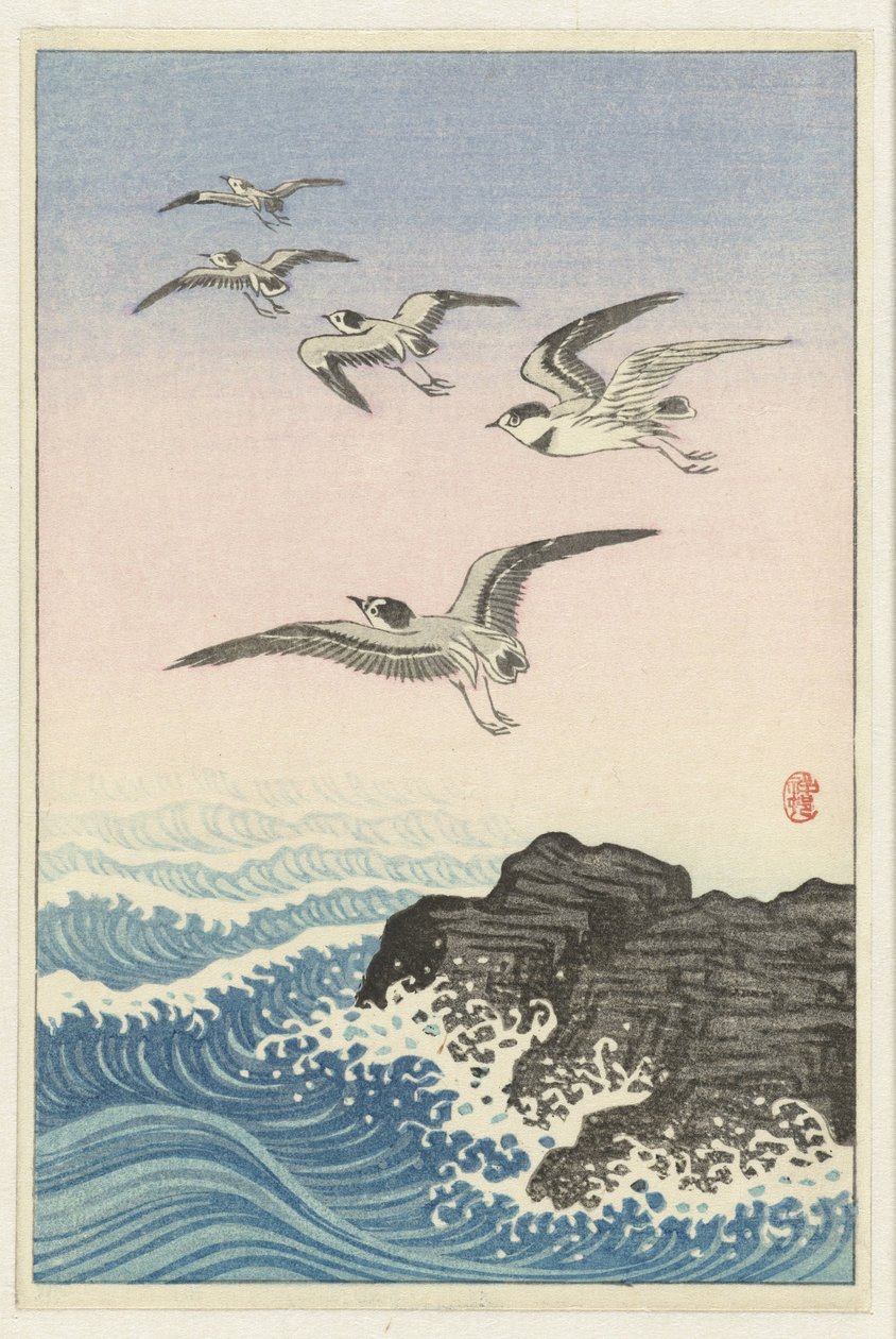 海の岩の上の 5 つのカモメ 作： 大原光子