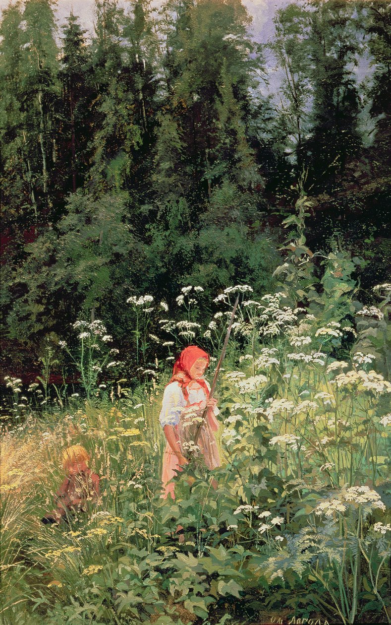 野生の花に囲まれた少女、1880年 作： オルガ・アントノバ・ラゴダ・シシキナ