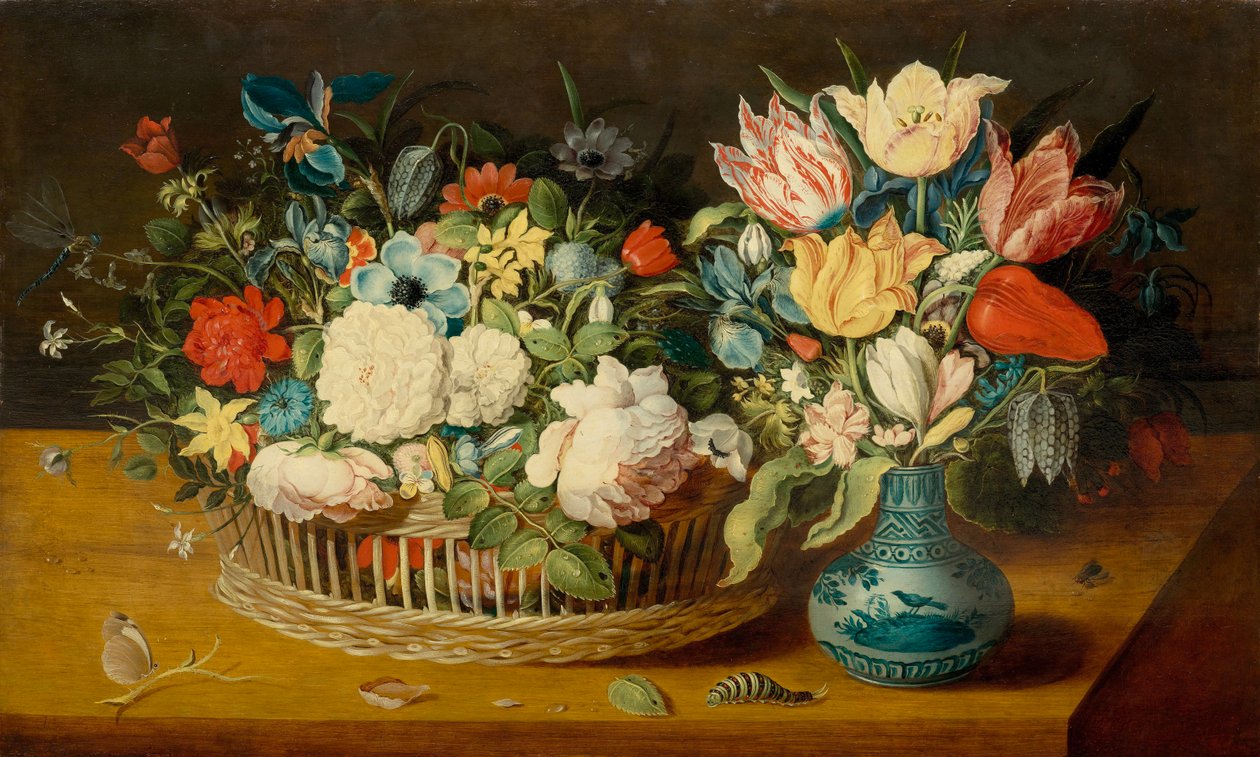 枝編み細工品バスケットの花と磁器の花瓶の花束のある静物 作： Osias the Elder Beert