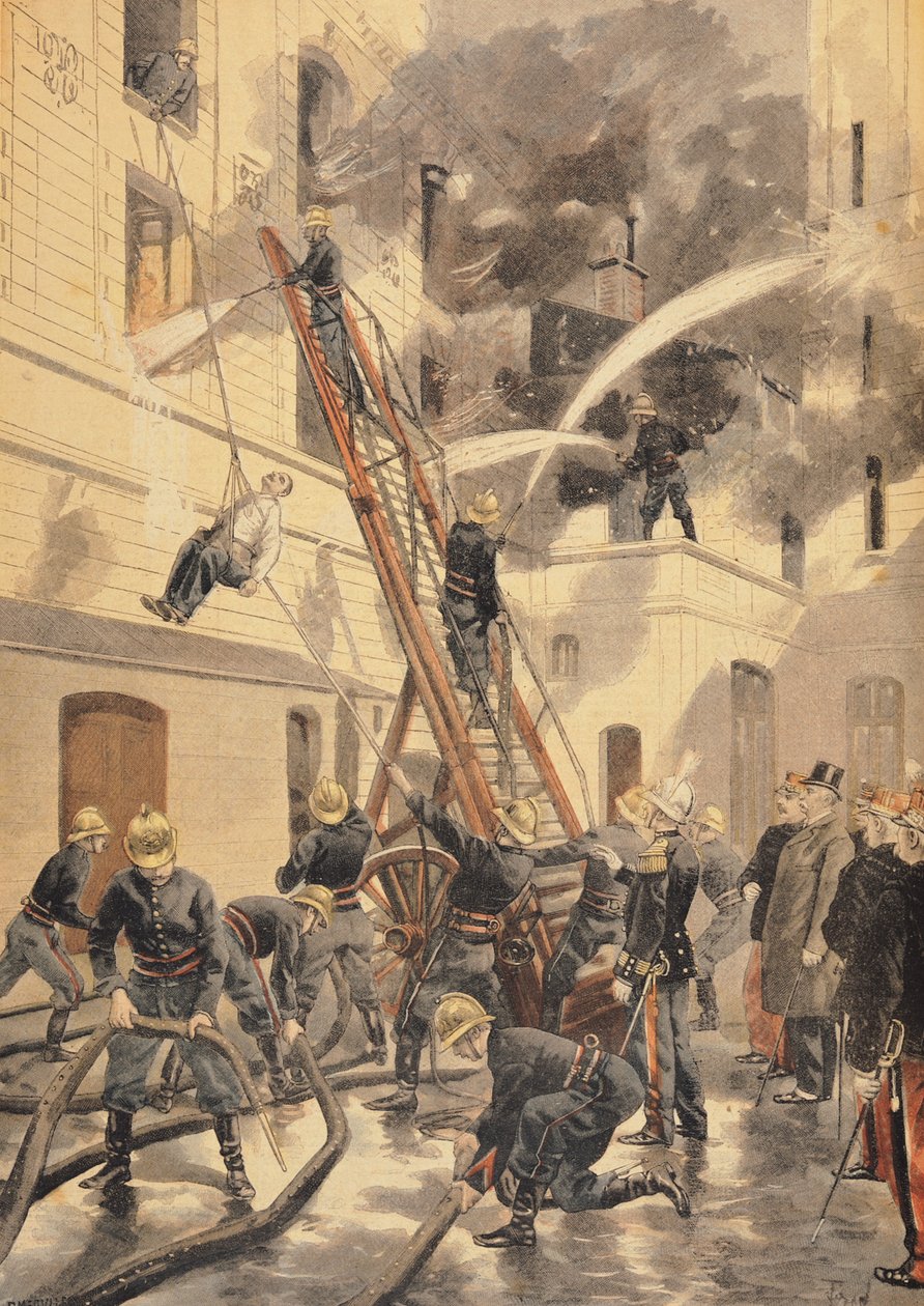 1898年2月20日の「ルプチジャーナル」からの消防士とのフェリックスフォール（1841-99） 作： オズワルド・トファニ