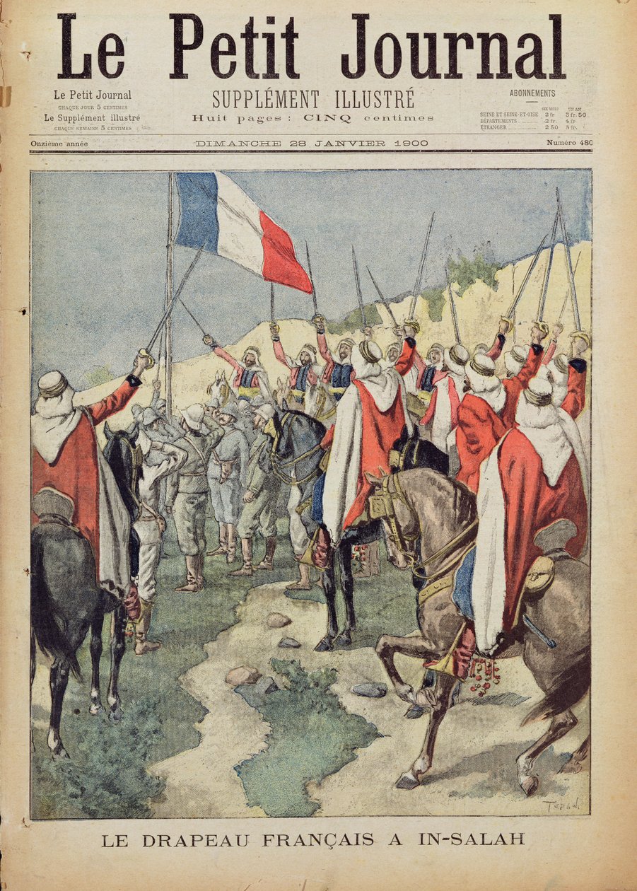 1900年1月10日、インサラのフランス国旗、「ルプチジャーナル」のタイトルページ、1900年1月28日（カラー彫刻） 作： オズワルド・トファニ