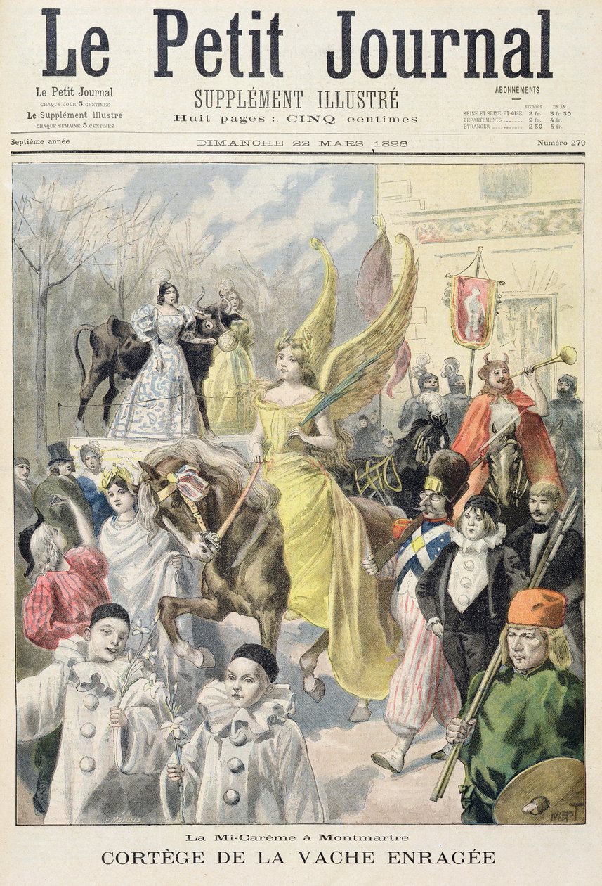 モンマルトルの中央にあるレントの狂牛の行列を描いたタイトルページ、1896年3月22日、ルプティジャーナルのイラスト入りサプリメント 作： オズワルド・トファニ