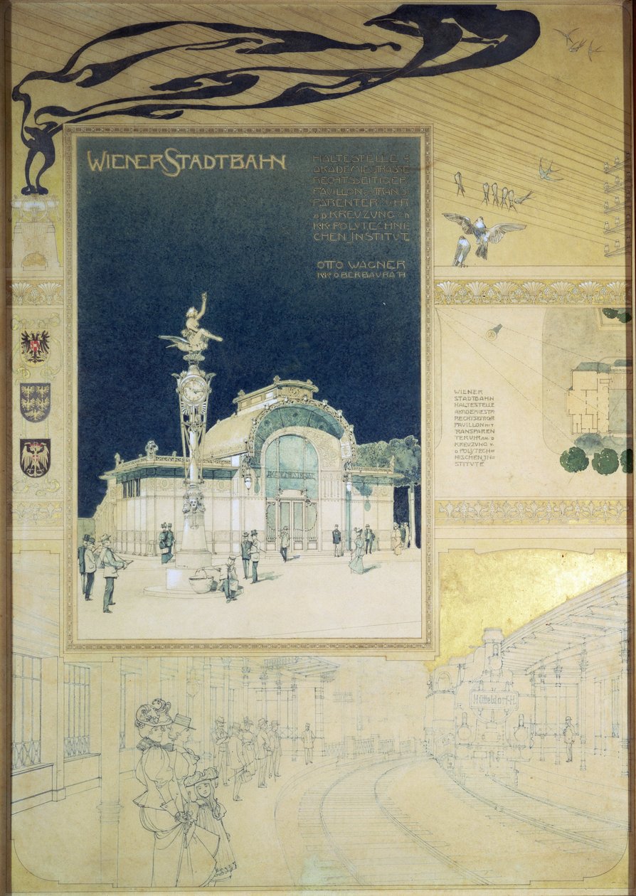 ウィーン地下鉄のシュタットバーンパビリオン、外観と鉄道のホームの外観を示すデザイン、c.1894-97（色鉛筆） 作： オットー・ワーグナー