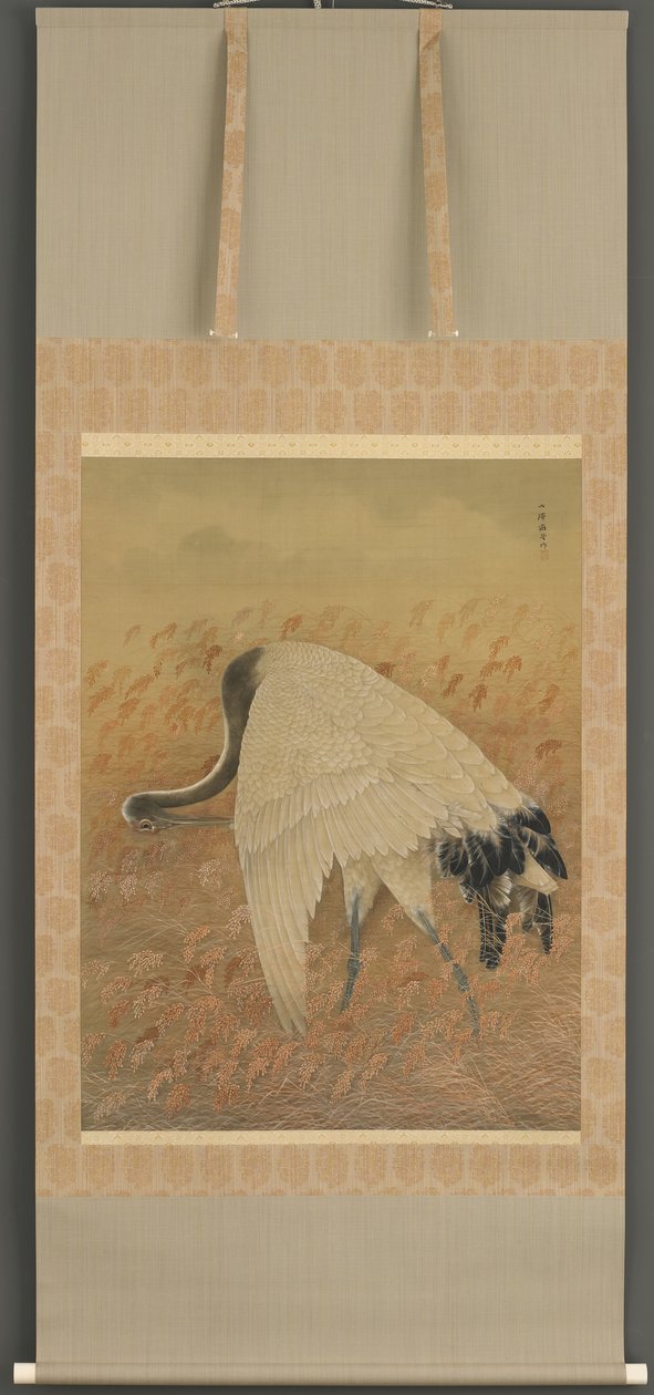 鶴、明治19世紀後半（絹に墨と色） 作： 小沢南国