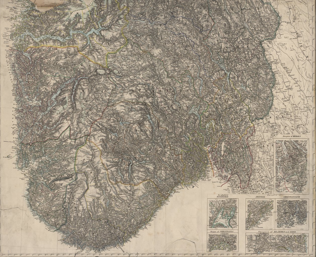 地図はオスロ（1845）で公開され、ノルウェー南部を示しています 作： PAムンク