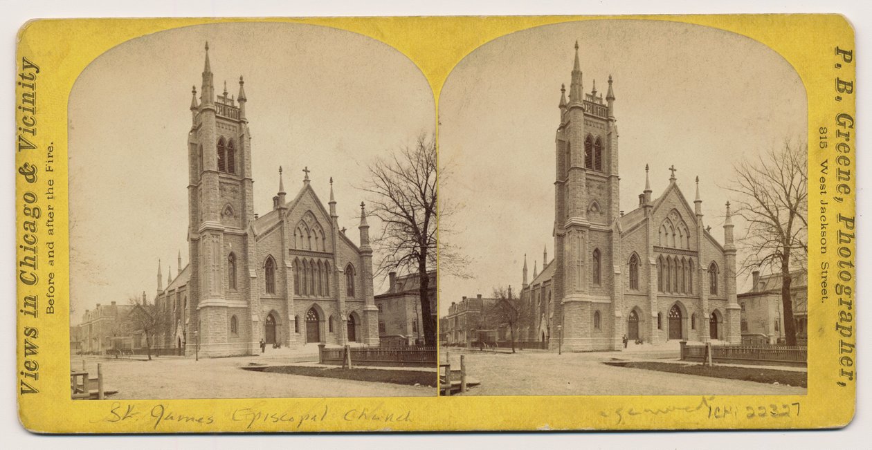 1871年、1871年のシカゴ火の前のセントジェームズエピスコパル教会の立体写真（カードマウントのbw写真） 作： PBグリーン
