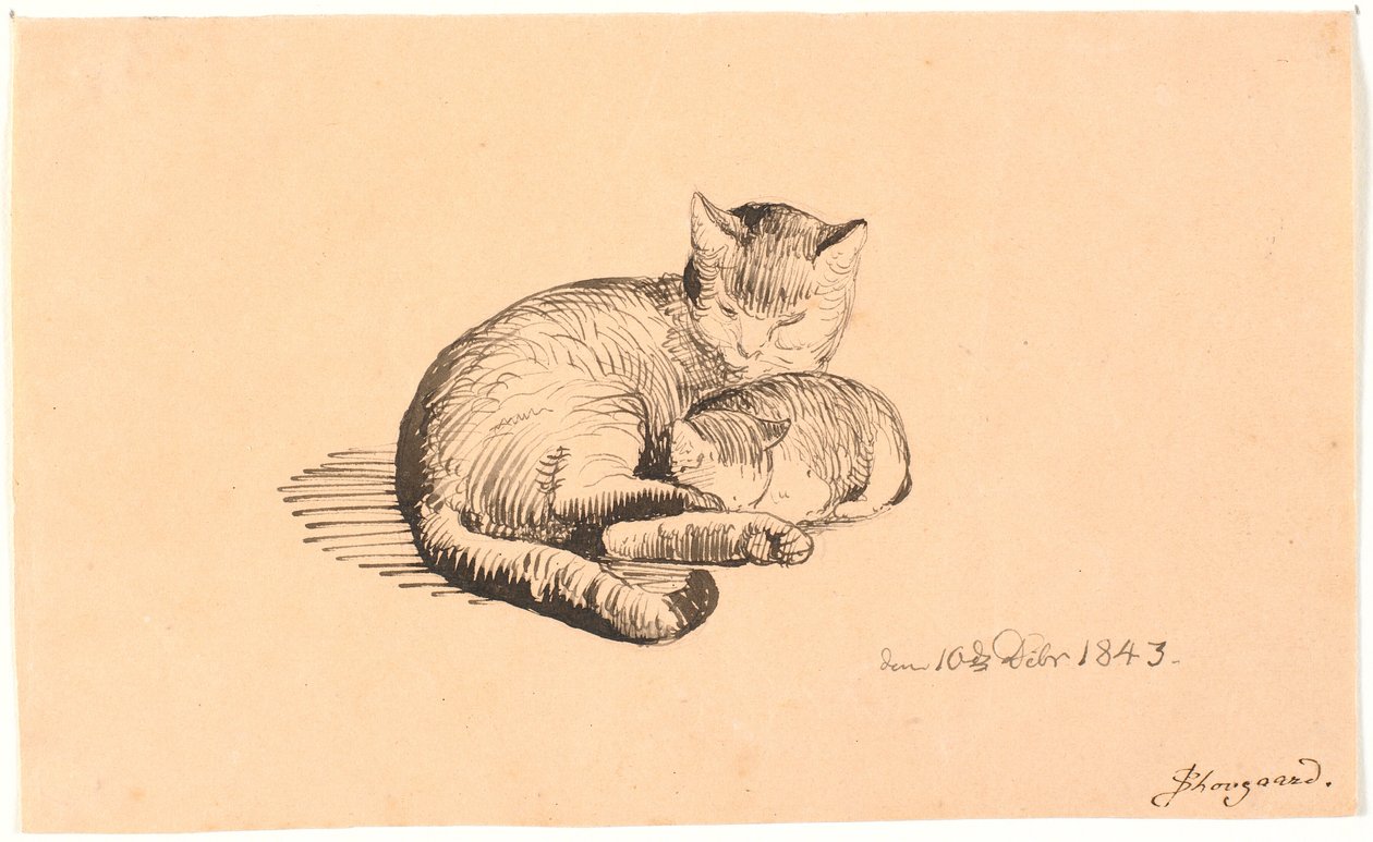 彼女の子猫と横になっている猫。 作： PC Skovgaard