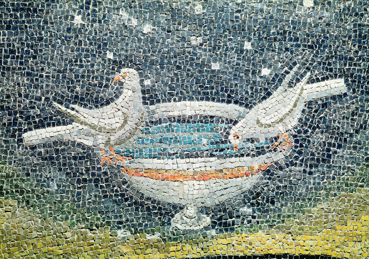 鉢から飲む鳩、西暦430年頃（モザイク） 作： パレオクリスチャン