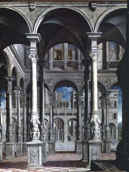 受胎告知、建築の詳細、1545-50（89723の詳細） 作： パリ・ボルドーネ