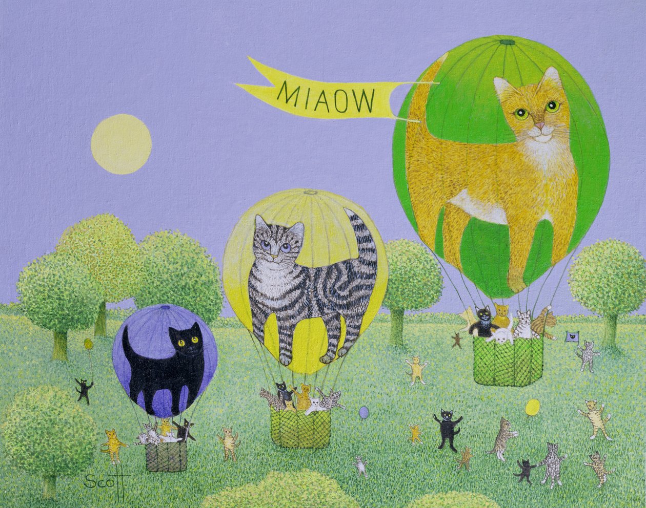 猫の風船レース（キャンバスにアクリル画） 作： パット・スコット