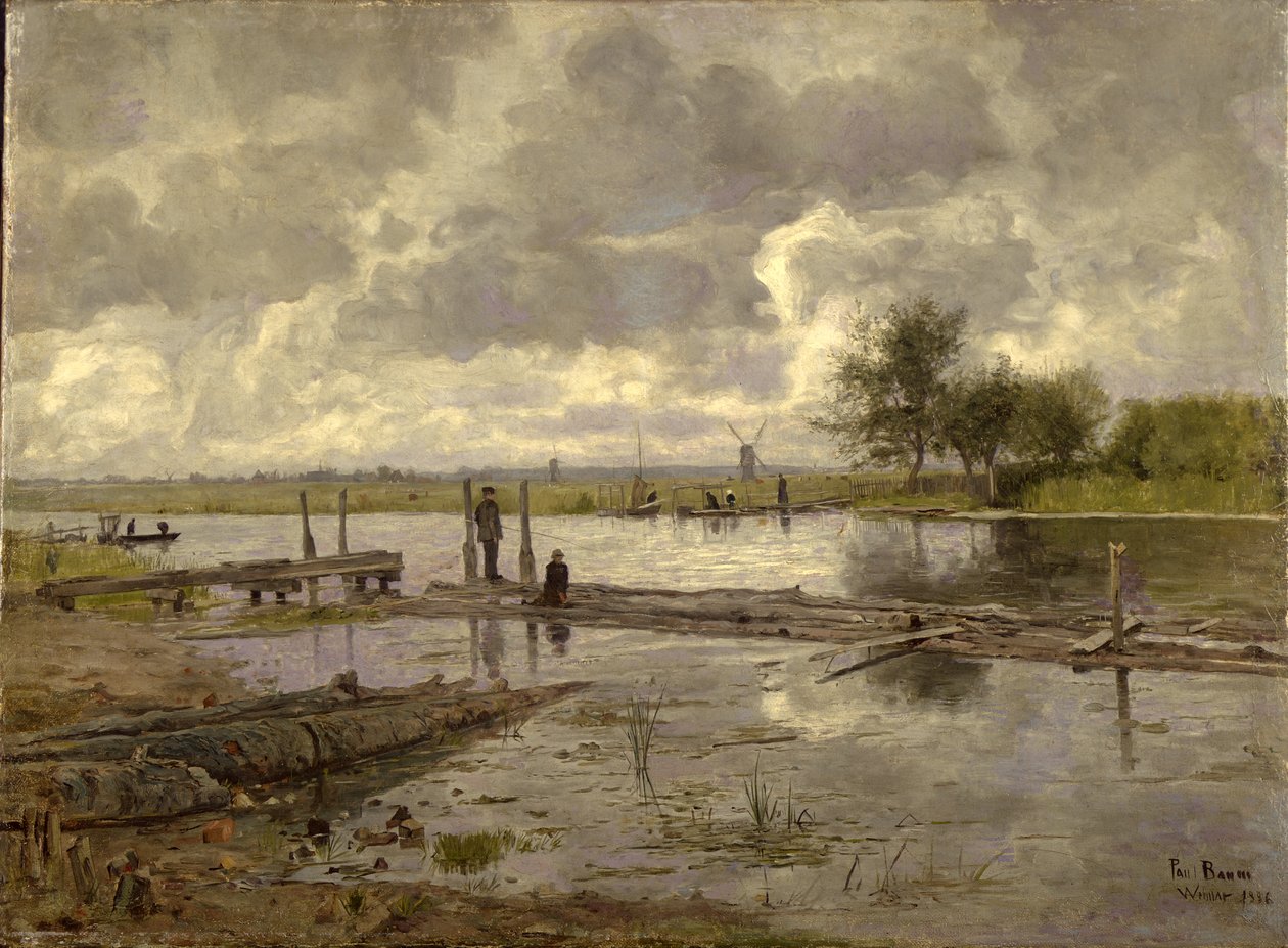 ワイマール近くのイルムのある風景、漁師、1886年 作： ポールバウム