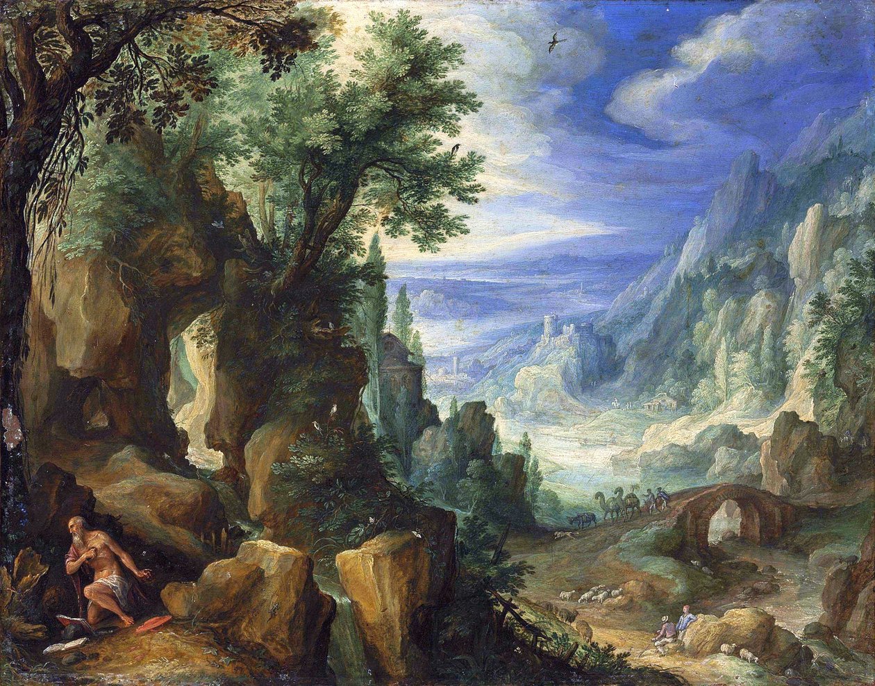 聖ジェロームと岩だらけの岩山のある風景 作： ポール・ブリル