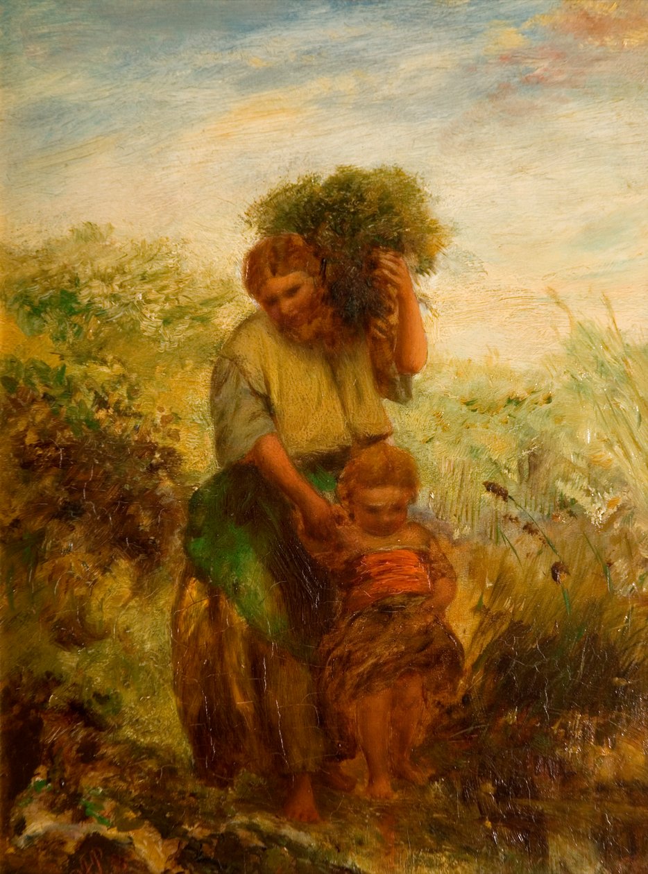 Gorse Gatherer-チャイルドクロッシングマウンテンストリーム、1855 作： ポール・ファルコナー・プール