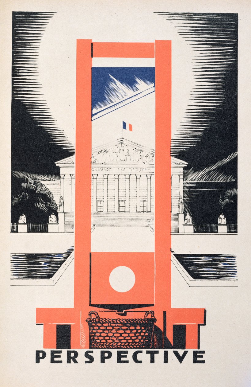 「パースペクティブ」、国会議事堂に面したギロチン、ポール・イリーベ（1883-1935）による「Parlons Francais」のイラスト、Editions Floury、パリ1934年発行 作： ポール・イリベ