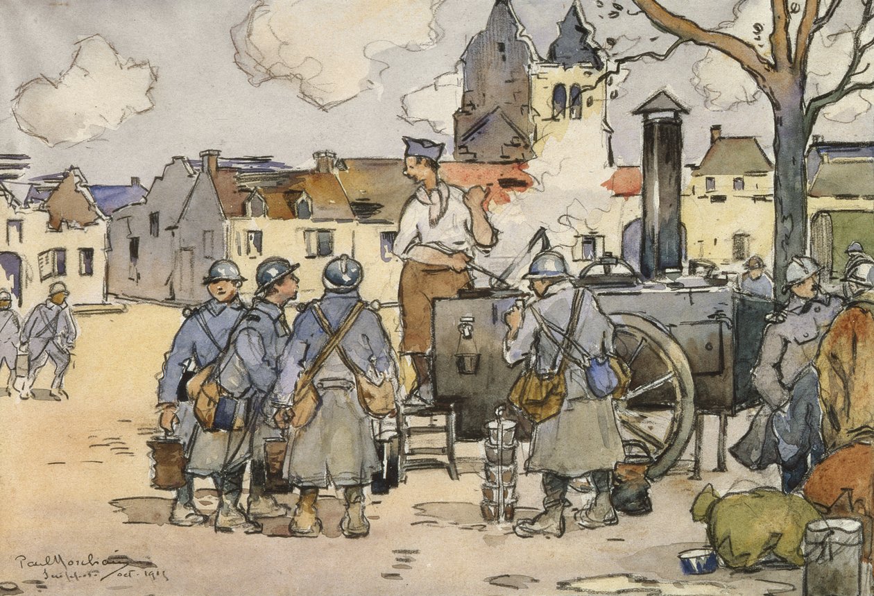 1915年10月、フィールドキッチンでのフランスの狙撃兵、マルヌ（紙にトイレ） 作： ポール・モーチェーン