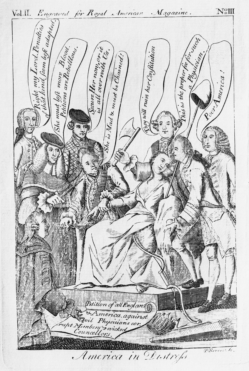 1775年3月に発行された「Royal American Magazine」に掲載された苦痛のアメリカ 作： ポール・リビア