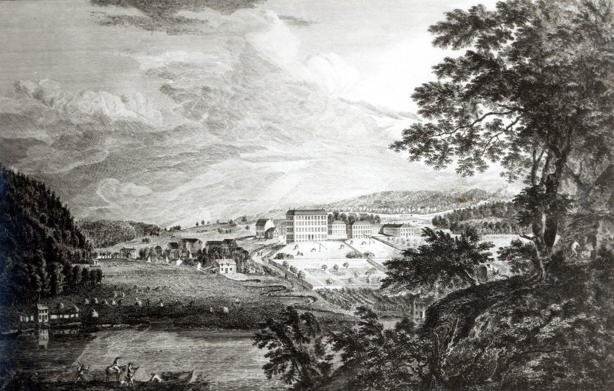 ペンシルバニア州のベトレム大モラヴィア人の集落の眺め、1768年の「Scenographia Americana」 作： ポール・サンドビー