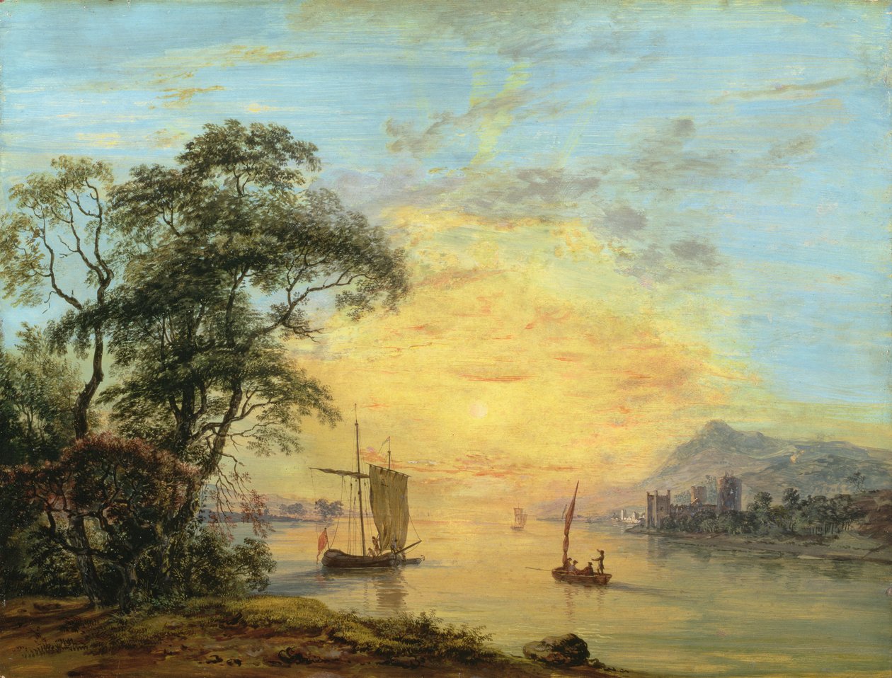 ウェールズの日没の川の風景、c.1775-1800 作： ポール・サンドビー
