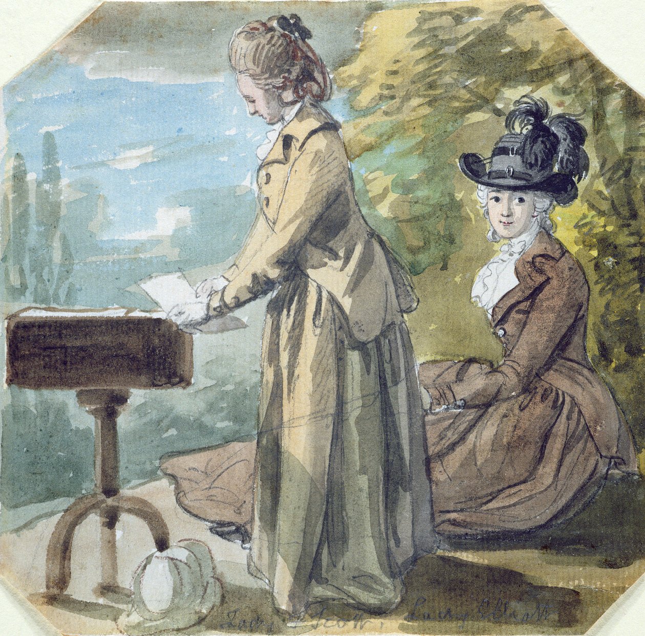 レディフランシススコットとレディエリオット、1770年頃（紙の上にグラファイトの上にトイレ） 作： ポール・サンドビー