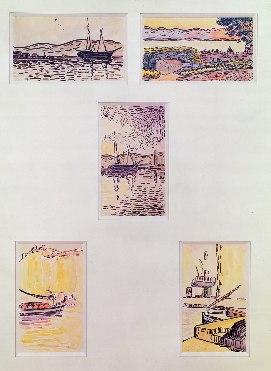 サントロペ（5つの水彩画）、1900年頃（紙に水彩画） 作： ポール・シニャック