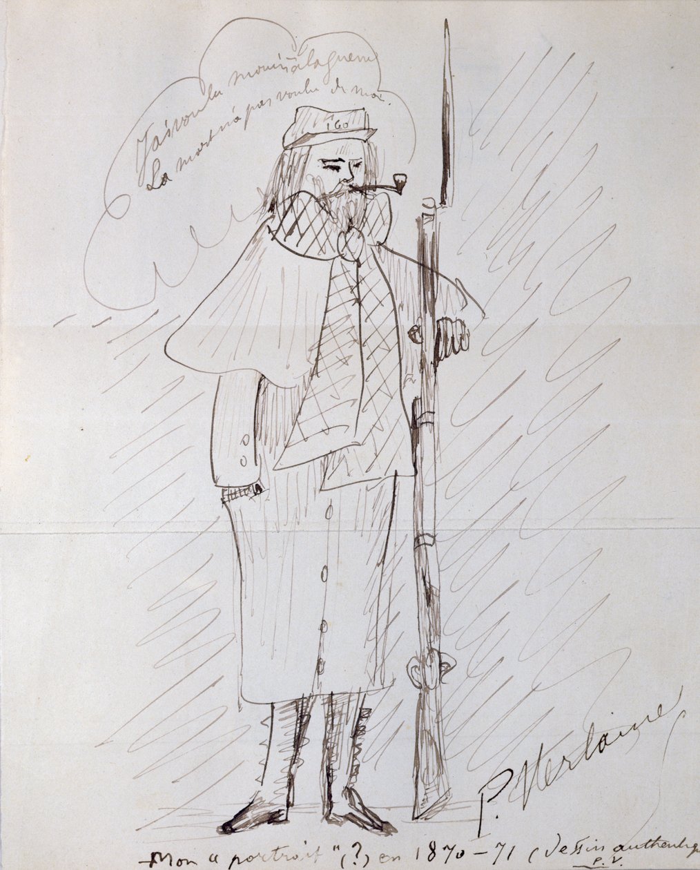 兵士としての自画像、1870-71（紙にペンとインク） 作： ポール・ヴェルレーヌ
