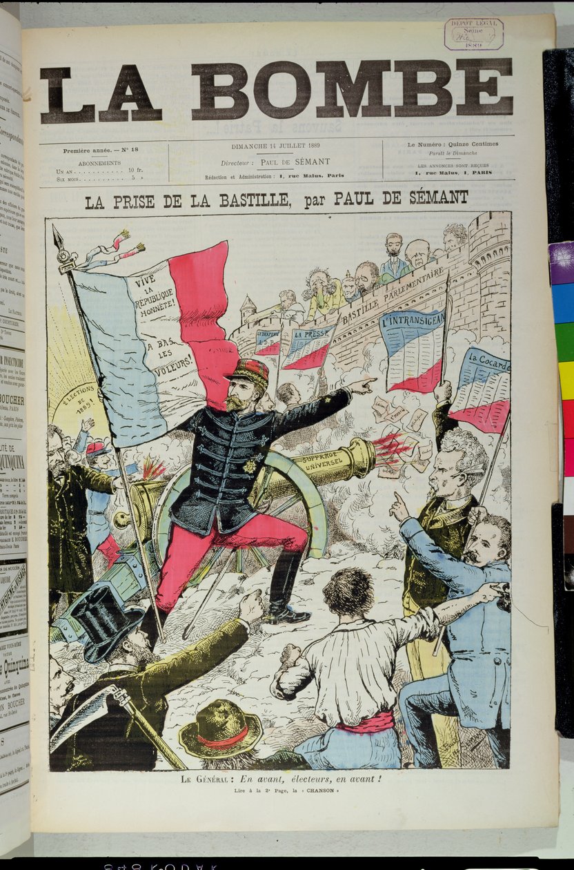 1889年7月14日の1889年フランス選挙でのバスティーユ、風刺漫画の「撮影」、ブーランジェ将軍（1837-91）を描いた「ラボンベ」の表紙 作： ポール・ド・セマン