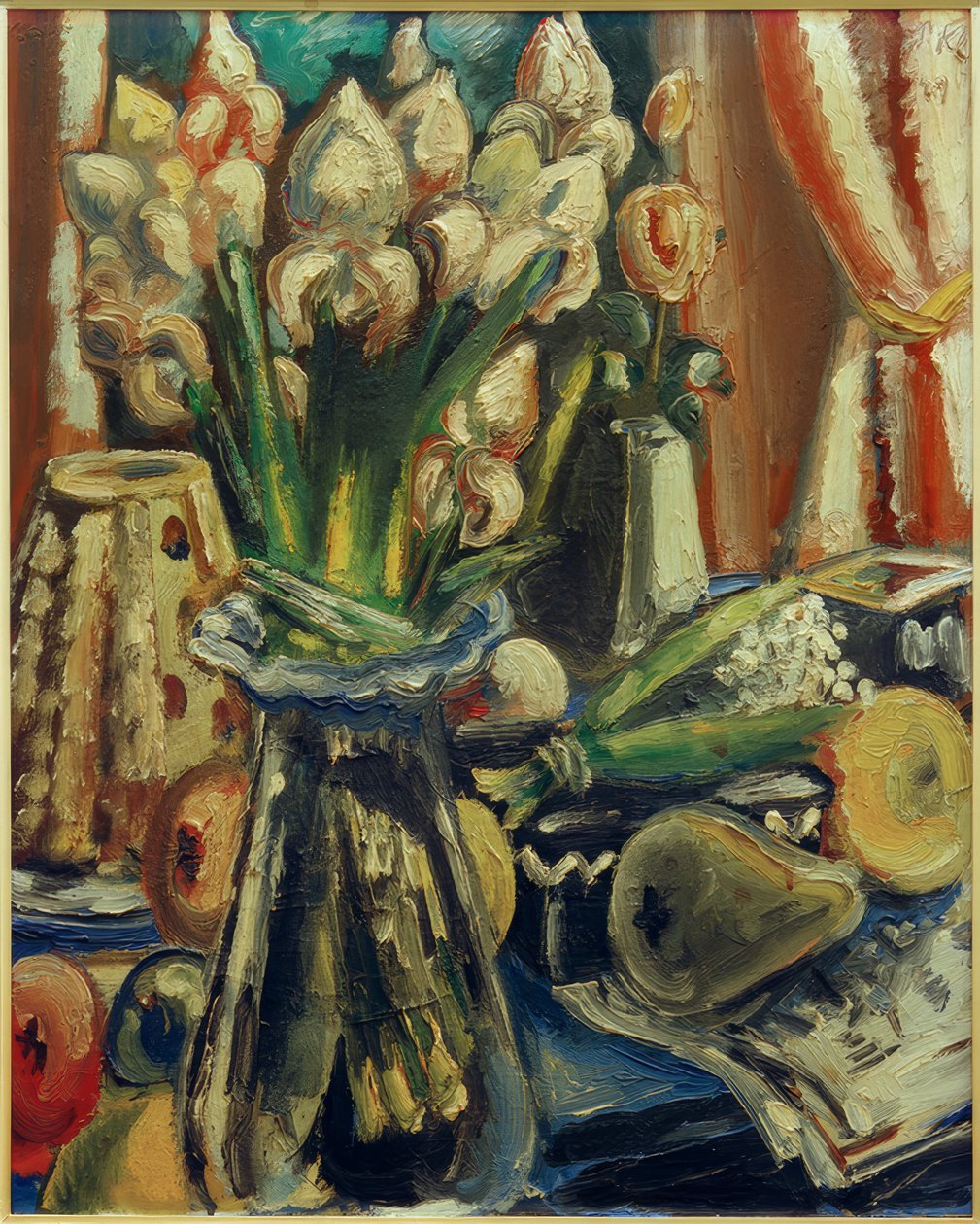 アイリスの花束のある静物画 作： ポール・クラインシュミット
