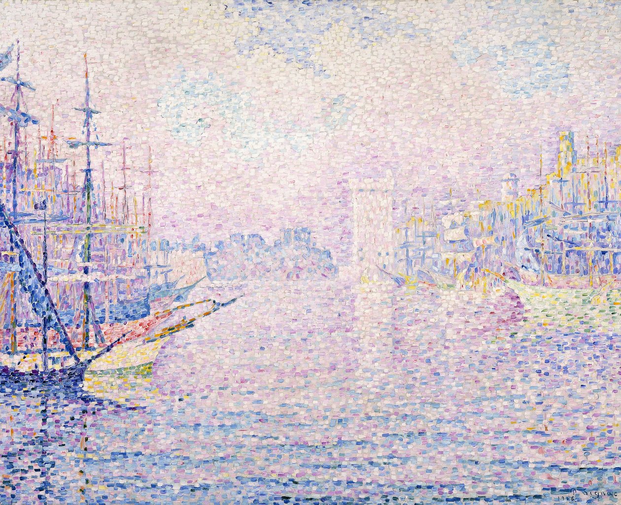 マルセイユ港、朝の霧、1906 作： ポール・シニャック