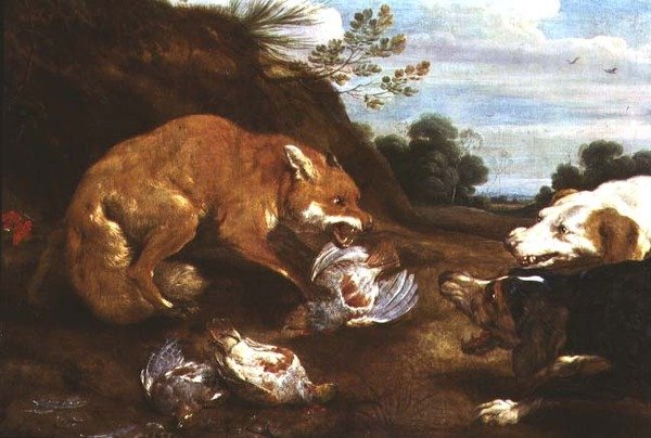 キツネと猟犬がパトリッドをめぐって争う様子 作： ポール・デ・ヴォス