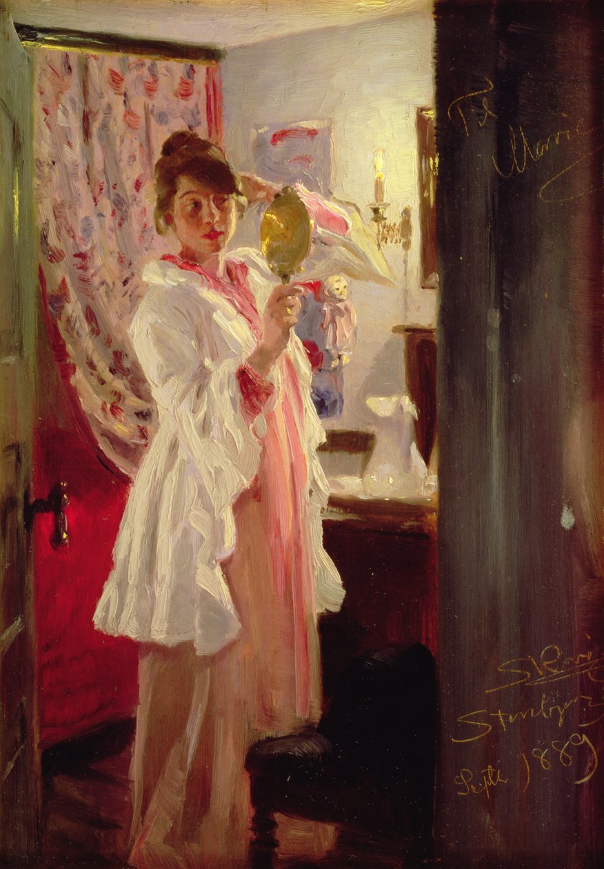 アーティストの妻とのインテリア、1889年（パネル） 作： ペダー・セヴェリン・クロイヤー