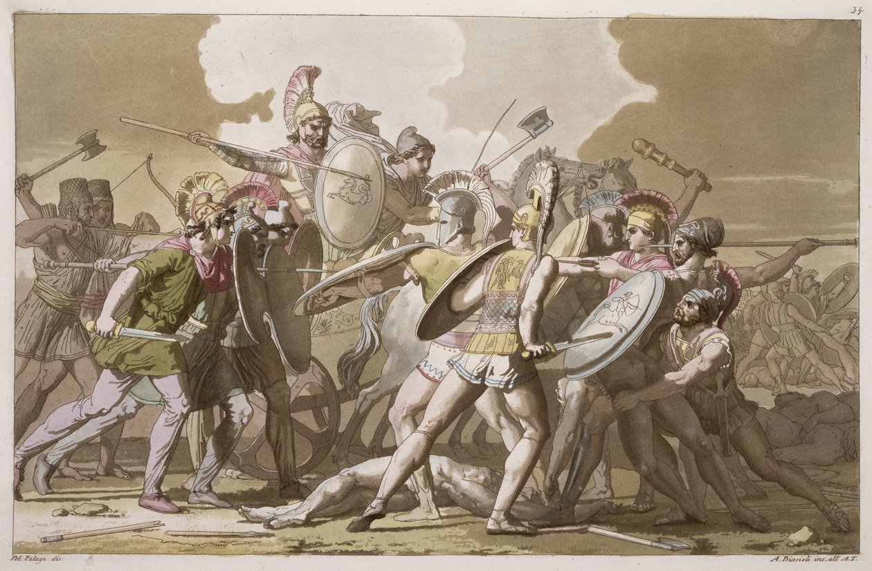 ギリシャ人とトロイの木馬がパトロクロスの遺体をめぐって戦う、ジュールフェラーリオの「ルコスチュームアンシアンエモデルヌ」のプレート34、アンジェロビアシオリ（1790-1830）によって彫刻された1820年代から30年代 作： ペラジオパラギ