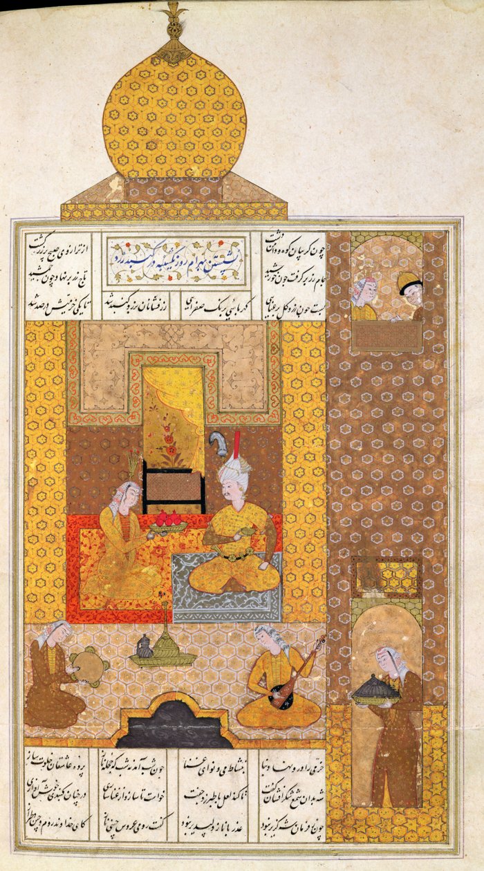 D-212 fol.205bバーラム（420-28）がトルキスタンの王女を訪ねる、エリアスネザミ（1140-1209）作「7人の王女」1199年のイラスト 作： ペルシャ語学校