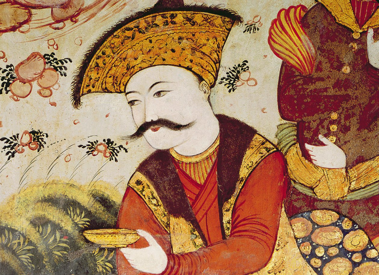 シャーアッバス1世（1588〜1629年）と公爵夫人が果物と飲み物を提供しています（155563の詳細はシャーの頭を示しています） 作： ペルシャ語学校