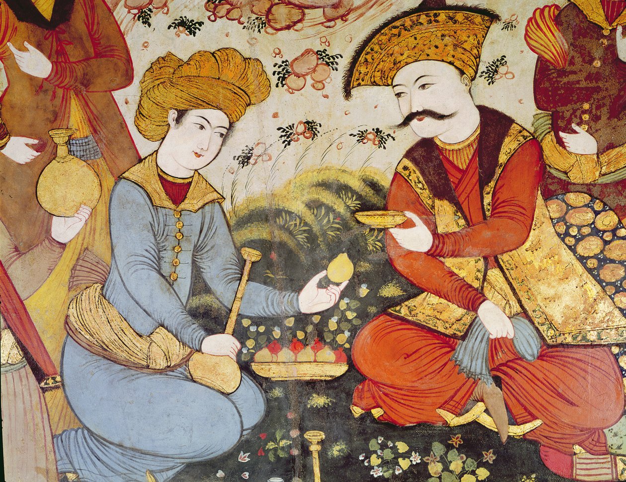シャー・アッバス1世（1588〜1629年）と公爵夫人が果物と飲み物を提供（詳細） 作： ペルシャ語学校