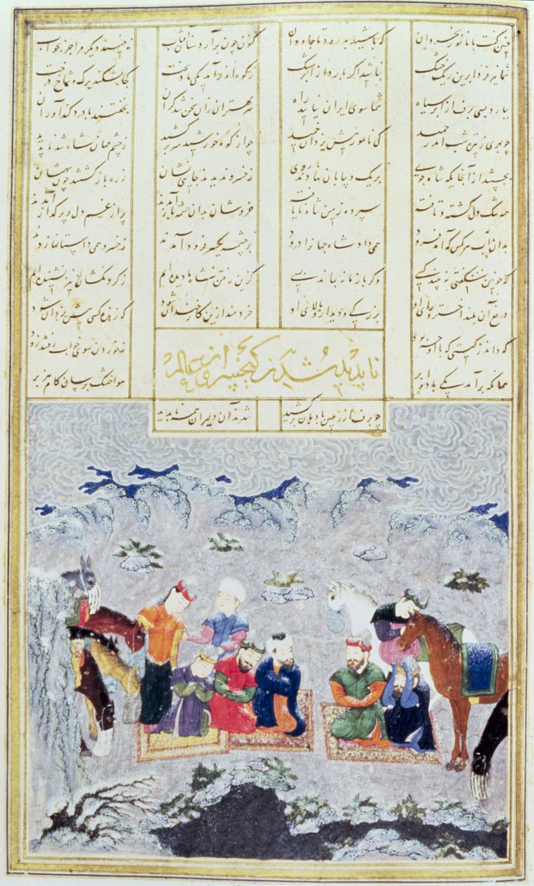 雪嵐の中のパラディン、Shahnama（Book of Kings）のイラスト、Abul-Qasim Manur Firdawsi（c.934-c.1020）c.1440-45（ペン、インク、ベラムのインク） 作： ペルシャ語学校