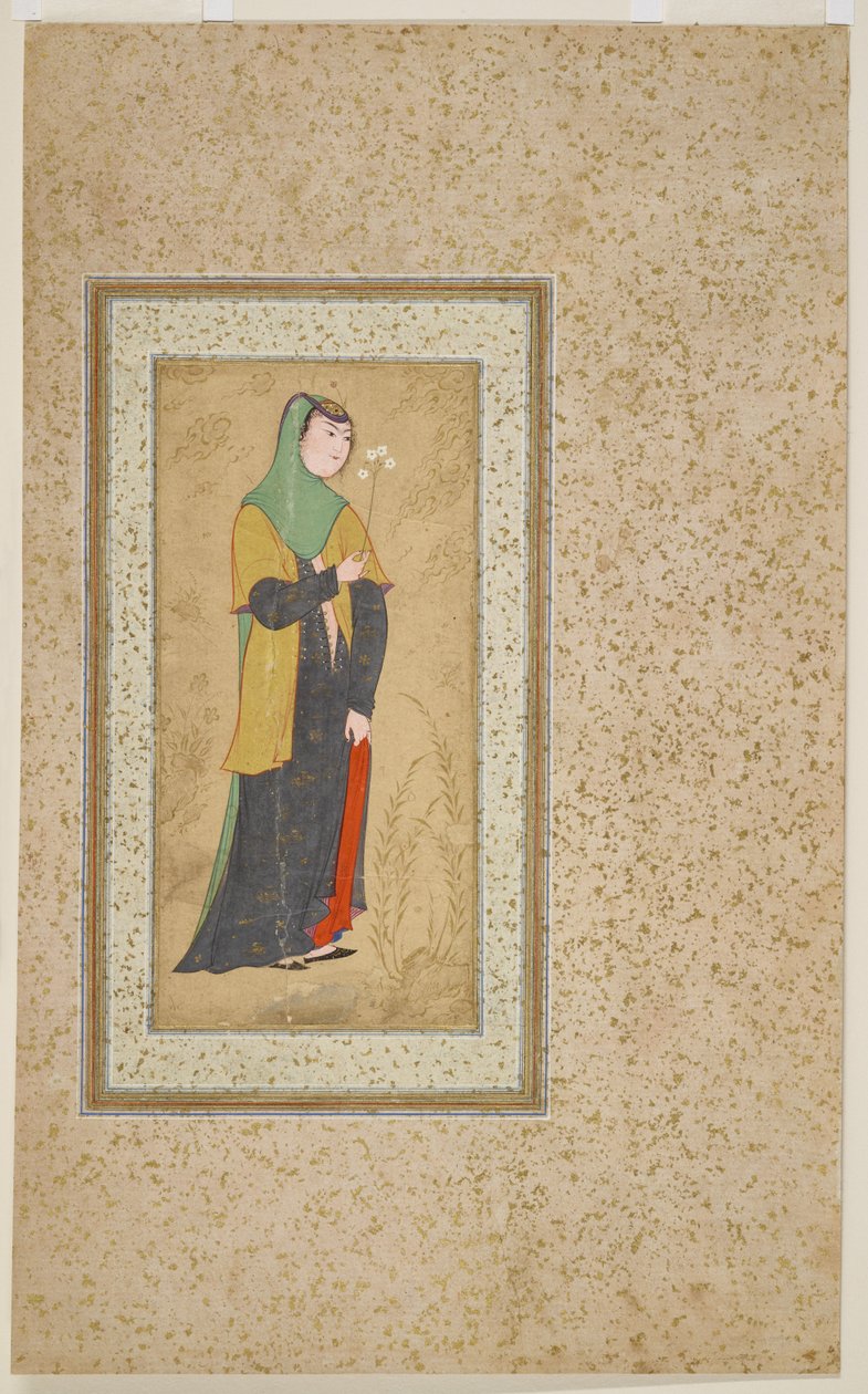 花のスプレーを持つ女性、c.1595 作： ペルシャ語学校