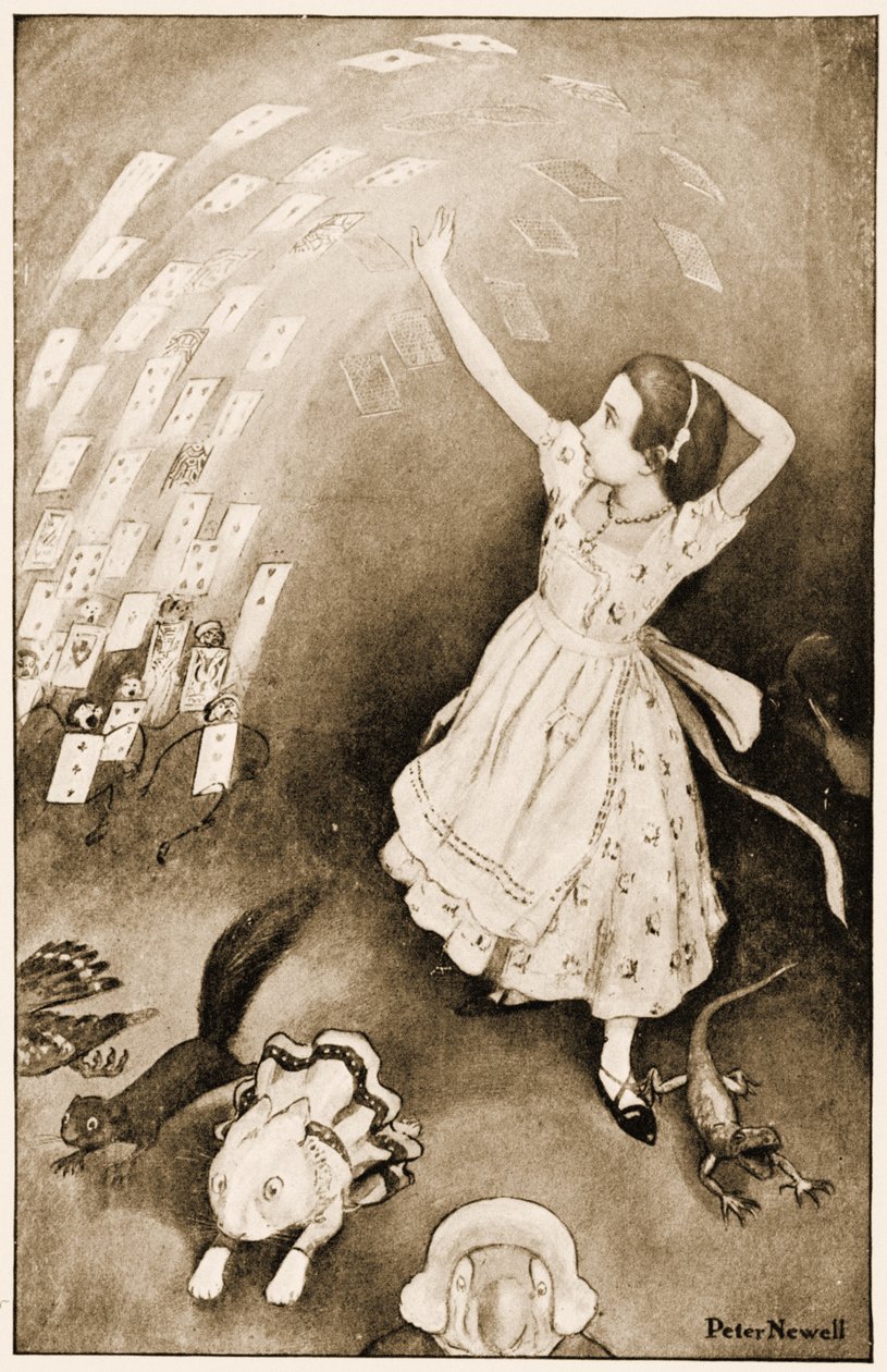 「これで、パック全体が宙に浮いた」、ルイス・キャロルのイラスト「不思議の国のアリスの冒険」、1901 作： ピーター・ニューウェル