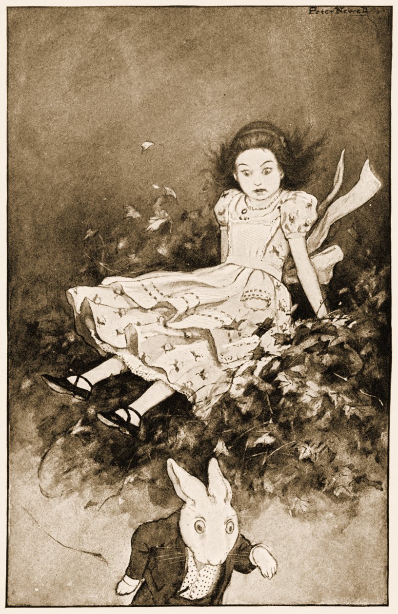 彼女は乾燥した葉の山に出くわしました。ルイスキャロルアリスワンダーランドの冒険のイラスト、1901 作： ピーター・ニューウェル
