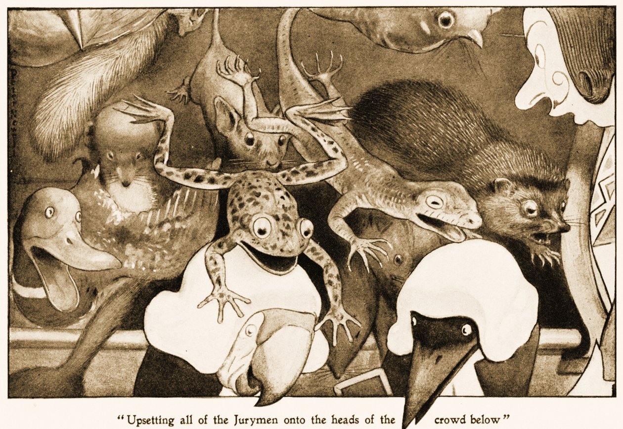 すべてのジュリーマンを下の群集の頭に落とす、ルイスキャロルアリスワンダーランドの冒険のイラスト、1901 作： ピーター・ニューウェル
