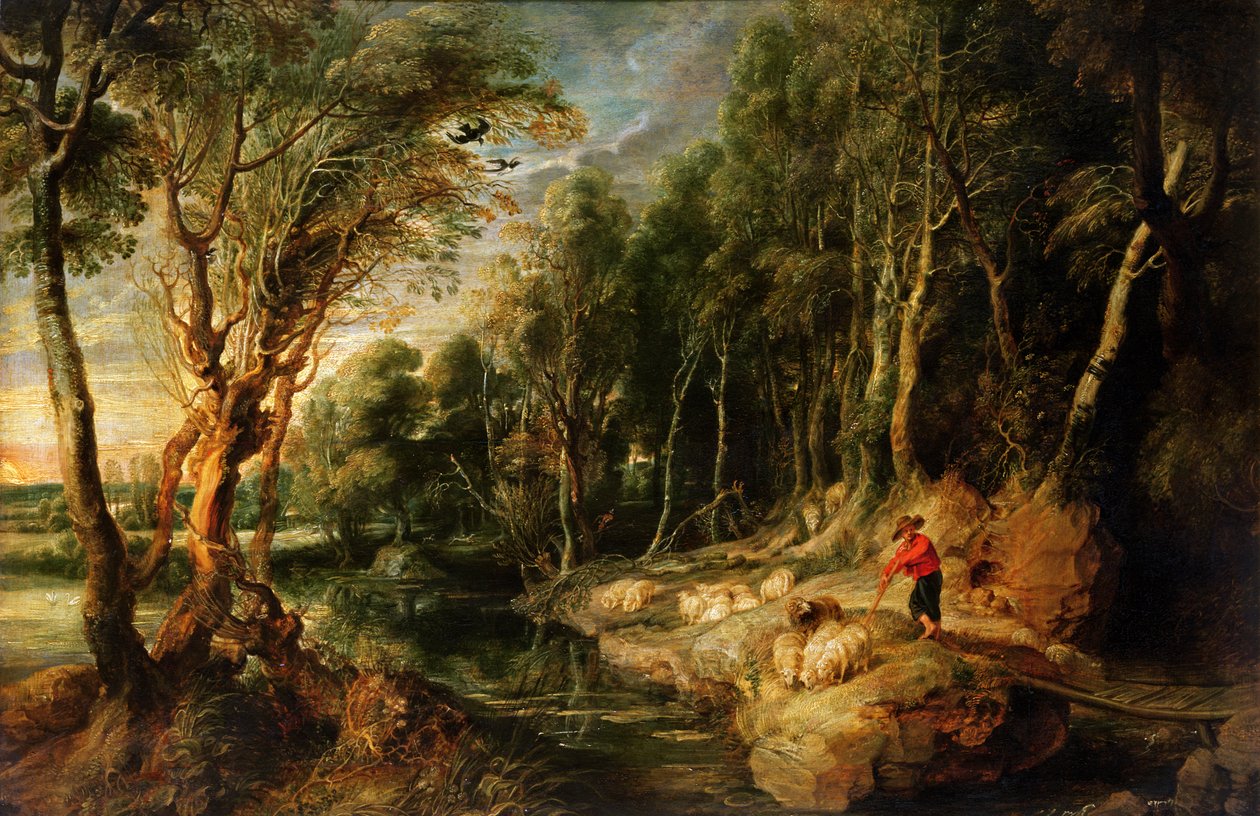 木質の風景の中の羊の群れと羊飼い、c.1615-22（オークの油彩） 作： ピーター・ポール・ルーベンス