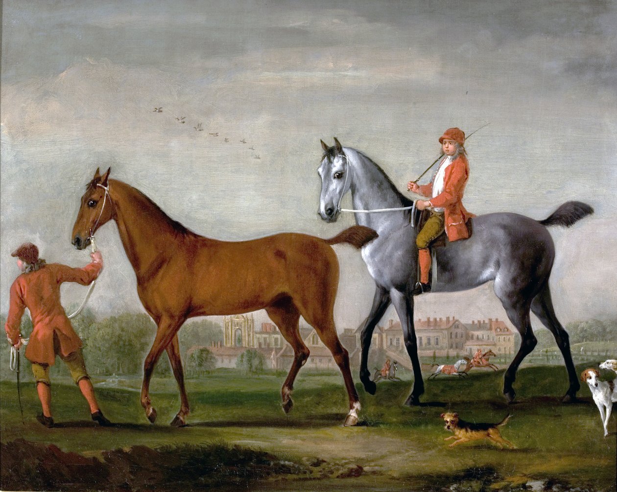1724年にノッティンガムシャーのニューステッド修道院の公園で新郎と猟犬と2つの競走馬 作： ピーター・ティレマンズ
