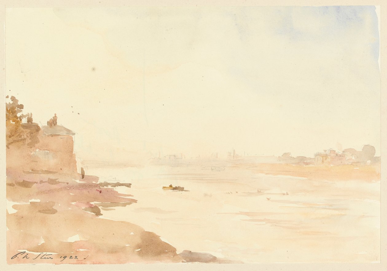 夕方-川の風景、1922（紙のグラファイトの上にトイレ） 作： フィリップ・ウィルソン・ステア