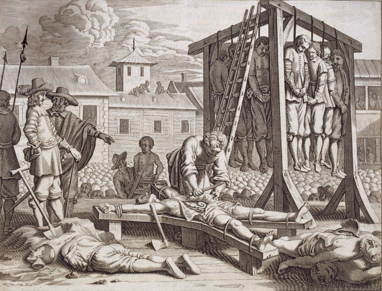 絞首刑と拷問、パブ。 1672年。 作： フィリップ・バルデウス
